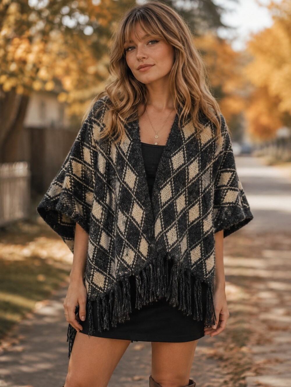 Vintage RD Style Black and Cream Diamond Poncho
